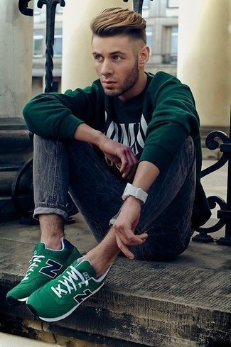 Men's Dark Green Print Crew-neck Sweater, Navy Skinny Jeans, Dark Green Athletic Shoes, White Rubber Watch