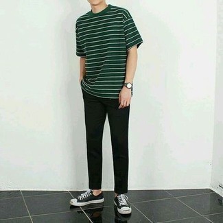 Men's Dark Green Horizontal Striped Crew-neck T-shirt, Black Chinos, Black and White Canvas Low Top Sneakers, Charcoal Watch