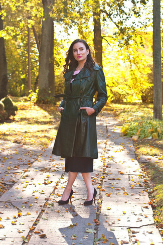 Women's Black Suede Pumps, Dark Green Culottes, Black Horizontal Striped Cropped Top, Dark Green Leather Trenchcoat