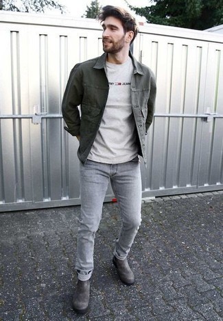 Olive Denim Jacket Outfits For Men: This off-duty combo of an olive denim jacket and grey jeans can only be described as devastatingly stylish. If you need to instantly up the ante of this outfit with one piece, why not add a pair of grey suede chelsea boots to the mix?