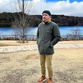 Dark Green Beanie Outfits For Men: For the style that looks as chill as it can get, wear a dark green field jacket and a dark green beanie. A pair of brown leather brogue boots instantly amps up the classy factor of any look.