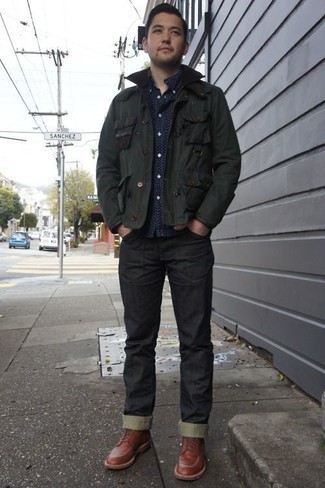 Men's Dark Green Field Jacket, Navy and White Polka Dot Long Sleeve Shirt, Black Jeans, Tobacco Leather Casual Boots
