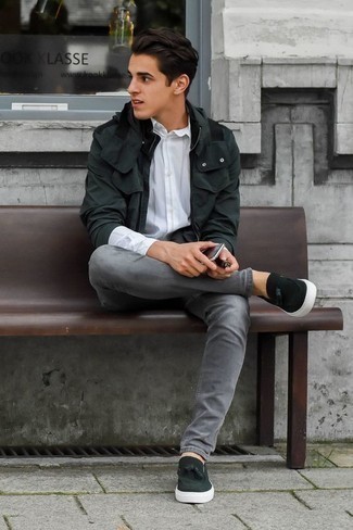 Dark Green Suede Loafers Outfits For Men: Perfect casual in a dark green field jacket and grey jeans. To bring out a polished side of you, throw dark green suede loafers into the mix.