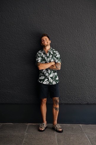 Tan Suede Sandals Outfits For Men: This pairing of a dark green floral short sleeve shirt and black shorts resonates versatility and stylish practicality. To give your overall getup a more casual finish, why not introduce tan suede sandals to the equation?