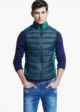 Olive Gilet Outfits For Men: Why not wear an olive gilet and blue jeans? As well as very practical, both pieces look cool matched together.