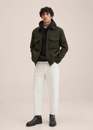 Olive Harrington Jacket Outfits: If you're scouting for a laid-back yet seriously stylish look, rock an olive harrington jacket with white jeans. Puzzled as to how to round off this ensemble? Rock a pair of black leather chelsea boots to kick it up a notch.