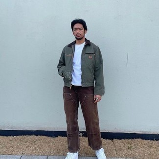 Olive Harrington Jacket Outfits: This pairing of an olive harrington jacket and dark brown jeans is the ultimate off-duty style for today's man. If you're on the fence about how to round off, a pair of white leather low top sneakers is a tested option.