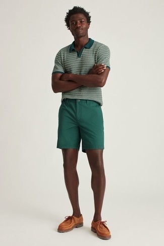 Dark Green Shorts Outfits For Men: A dark green horizontal striped polo and dark green shorts combined together are a smart match. Get a little creative when it comes to shoes and dress up this look by slipping into a pair of tobacco suede desert boots.