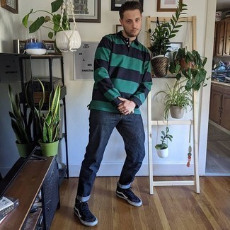 Dark Green Horizontal Striped Polo Neck Sweater Outfits For Men: Teaming a dark green horizontal striped polo neck sweater and navy jeans is a fail-safe way to infuse style into your wardrobe. Complete this getup with a pair of black and white canvas high top sneakers to immediately boost the appeal of your ensemble.