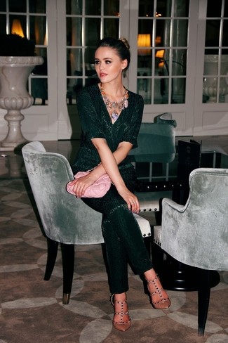 Multi colored Necklace Outfits: Rock a dark green jumpsuit with a multi colored necklace to be both boss and relaxed. If you wish to effortlessly perk up your ensemble with one item, add tan studded leather pumps to your ensemble.