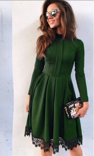 Multi colored Leather Clutch Outfits: A dark green lace fit and flare dress and a multi colored leather clutch are a savvy ensemble to incorporate into your casual styling routine.