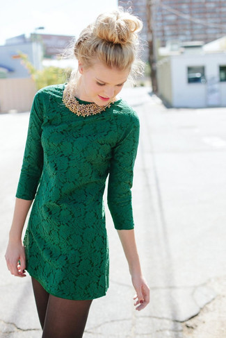 Women's Dark Green Lace Shift Dress, Gold Beaded Necklace, Black Tights