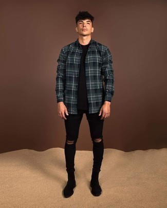 Black Ripped Skinny Jeans Outfits For Men: This pairing of a dark green plaid long sleeve shirt and black ripped skinny jeans is on the casual side yet it's also sharp and really sharp. Go the extra mile and switch up your ensemble by rounding off with a pair of black suede chelsea boots.