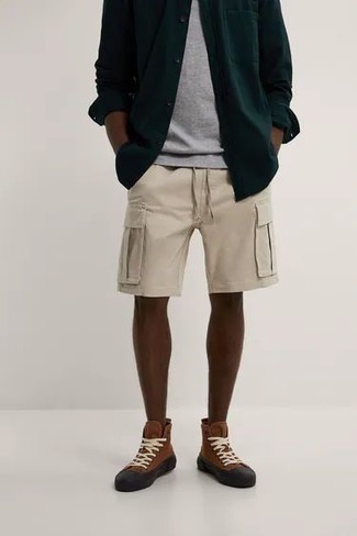 Men's Dark Green Long Sleeve Shirt, Grey Crew-neck T-shirt, Beige Shorts, Brown Canvas High Top Sneakers