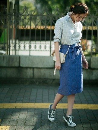 Women's White Leather Crossbody Bag, Dark Green Canvas Low Top Sneakers, Blue Denim Pencil Skirt, White and Green Gingham Dress Shirt