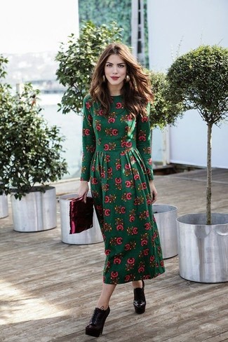 Women's Dark Green Floral Midi Dress, Burgundy Leather Lace-up Ankle Boots, Burgundy Leather Clutch, Gold Earrings