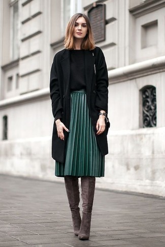 Women's Dark Brown Suede Knee High Boots, Dark Green Pleated Midi Skirt, Black Crew-neck Sweater, Black Coat