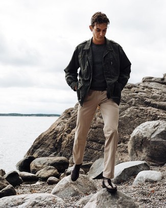 Olive Military Jacket Outfits For Men: For an ensemble that offers function and fashion, opt for an olive military jacket and beige chinos. And if you wish to instantly amp up this getup with footwear, why not add a pair of dark brown leather chelsea boots to this ensemble?