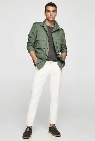 Olive Military Jacket Outfits For Men: An olive military jacket and white jeans make for the perfect base for a variety of stylish ensembles. Charcoal suede derby shoes are the most effective way to breathe a sense of refinement into your look.