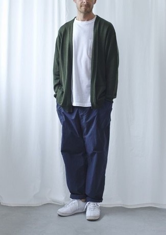 Men's Dark Green Open Cardigan, White Crew-neck T-shirt, Navy Chinos, White Leather Low Top Sneakers