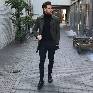 Olive Overcoat Outfits: This combination of an olive overcoat and navy chinos is hard proof that a safe outfit doesn't have to be boring. When in doubt about the footwear, add black leather casual boots to your getup.