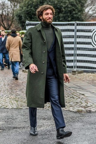 Dark Green Turtleneck Outfits For Men: A dark green turtleneck and a dark green overcoat combined together are a perfect match. For a more sophisticated take, why not add a pair of black leather chelsea boots to this outfit?