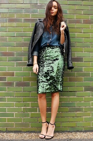 Dark Green Sequin Pencil Skirt Outfits: 