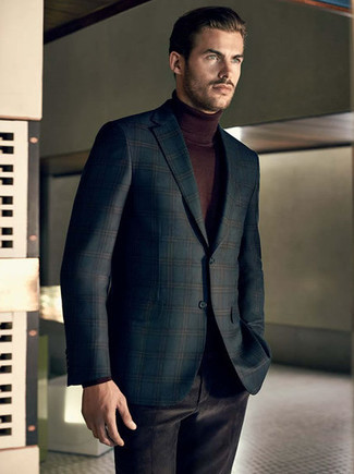 Olive Plaid Blazer Outfits For Men: This sophisticated combination of an olive plaid blazer and black velvet dress pants will be a good reflection of your styling chops.