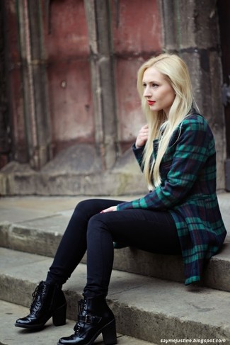 Women's Dark Green Plaid Coat, Black Skinny Jeans, Black Leather Lace-up Ankle Boots