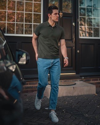 Dark Green Polo Outfits For Men: Pairing a dark green polo and blue jeans will be a good reflection of your expertise in menswear styling even on weekend days. Complete this outfit with grey suede low top sneakers and you're all set looking dashing.
