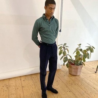 Olive Polo Neck Sweater Outfits For Men: An olive polo neck sweater and navy corduroy dress pants are among the fundamental items in any guy's wardrobe. Finish off with dark brown suede loafers to punch up this getup.