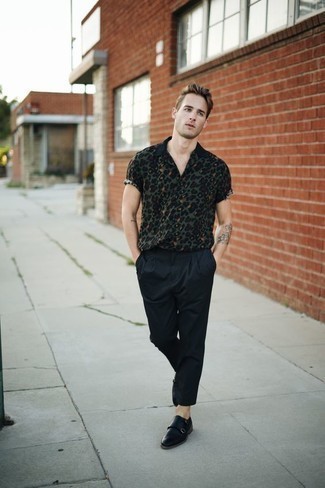 Dark Green Print Short Sleeve Shirt Outfits For Men: To put together a laid-back getup with a twist, wear a dark green print short sleeve shirt and black chinos. Feeling transgressive? Change things up a bit with a pair of black leather double monks.