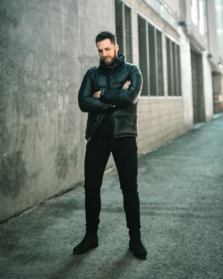 Dark Green Puffer Jacket Outfits For Men: For an effortlessly sophisticated outfit, try pairing a dark green puffer jacket with black jeans — these two pieces work really great together. Give an elegant twist to your outfit by finishing off with a pair of black suede chelsea boots.