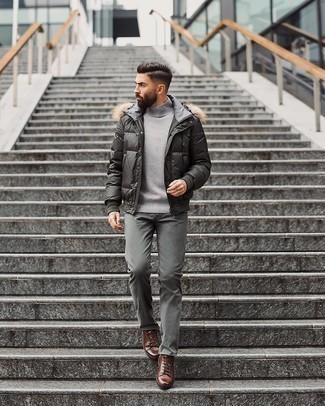 Dark Green Puffer Jacket Outfits For Men: This combo of a dark green puffer jacket and grey chinos is a winning option when you need to look casually classy but have zero time to dress up. Go ahead and complete this ensemble with dark brown leather low top sneakers for a more laid-back vibe.