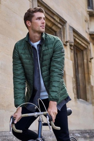 Olive Puffer Jacket Outfits For Men: If you don't like being too serious with your looks, try teaming an olive puffer jacket with black skinny jeans.