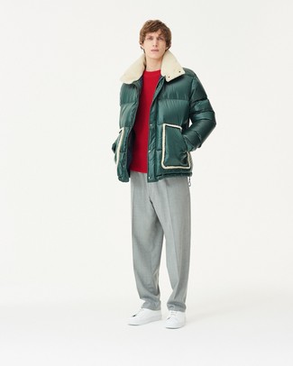 Men's Dark Green Puffer Jacket, Red Crew-neck Sweater, Grey Dress Pants, White Leather Low Top Sneakers