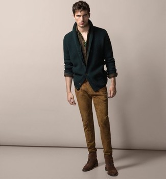 Tobacco Corduroy Chinos Outfits: Combining a dark green shawl cardigan and tobacco corduroy chinos is a guaranteed way to infuse personality into your current lineup. If you're wondering how to finish, introduce brown suede casual boots to the mix.