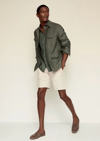 Dark Brown Suede Espadrilles Outfits For Men: This casual combo of a dark green linen shirt jacket and white shorts is a goofproof option when you need to look casually stylish but have no extra time. Complete your ensemble with dark brown suede espadrilles and you're all done and looking dashing.
