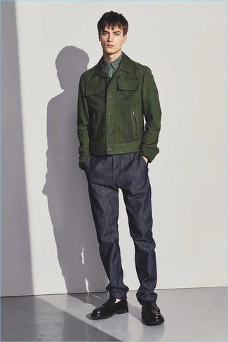 Dark Green Shirt Jacket Outfits For Men: This pairing of a dark green shirt jacket and navy chinos oozes elegant menswear style. Finishing with a pair of black leather loafers is the most effective way to breathe an extra dose of style into this outfit.