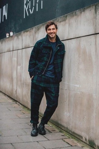 Dark Green Plaid Shirt Jacket Outfits For Men: Opt for a dark green plaid shirt jacket and navy and green plaid chinos for comfort dressing with a twist. Finishing off with a pair of dark green leather casual boots is an effortless way to add a little classiness to this look.