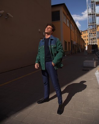 Teal Shirt Jacket Outfits For Men: When the dress code calls for an effortlessly stylish look, you can wear a teal shirt jacket and navy chinos. Finishing with a pair of black leather derby shoes is the simplest way to breathe an extra dose of sophistication into your look.