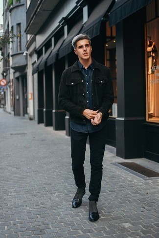 Men's Dark Green Suede Shirt Jacket, Navy Chambray Long Sleeve Shirt, Black Jeans, Charcoal Suede Chelsea Boots