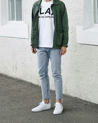 Men's Dark Green Shirt Jacket, White and Black Print Crew-neck T-shirt, Light Blue Jeans, White Canvas Low Top Sneakers
