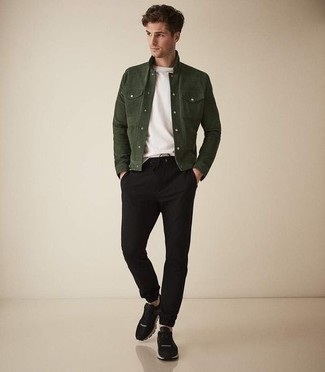 Olive Suede Shirt Jacket Outfits For Men: An olive suede shirt jacket and black chinos combined together are the ideal getup for those dressers who appreciate effortlessly smart styles. For a more casual feel, why not introduce black athletic shoes to the equation?