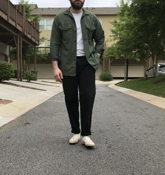 Black Chinos with White High Top Sneakers Outfits: A dark green shirt jacket and black chinos paired together are a match made in heaven for those who prefer effortlessly neat getups. Get a bit experimental with shoes and dial down this look by finishing off with white high top sneakers.