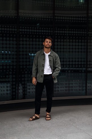Tobacco Leather Sandals Outfits For Men: Make a dark green shirt jacket and black chinos your outfit choice and you'll put together a proper and elegant ensemble. A pair of tobacco leather sandals instantly amps up the fashion factor of your ensemble.