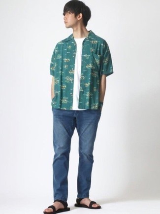 Dark Green Print Short Sleeve Shirt Outfits For Men: Prove that you do casual like no-one else by opting for a dark green print short sleeve shirt and navy jeans. Complete this outfit with a pair of black canvas sandals to serve a little mix-and-match magic.
