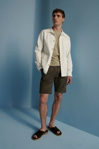 Shirt Jacket with Sandals Outfits For Men: 