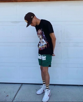 Dark Green Print Sports Shorts Outfits For Men: For a laid-back ensemble with a bold spin, opt for dark green print sports shorts. White and red leather high top sneakers will put a different spin on your outfit.