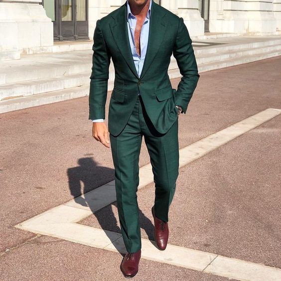 Men'S Dark Green Suit, Light Blue Dress Shirt, Burgundy Leather Oxford  Shoes | Lookastic